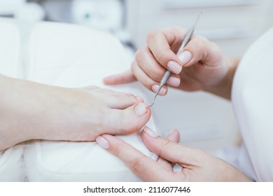 Professional Pedicure. Client On Medical Pedicure Procedure. Podiatry Clinic. Podology. Healthcare. Close-up. Selective Focus. Shallow Depth Of Field.