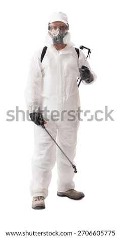 A professional Pest control worker with a backpack sprayer, wearing a protective suit, gloves, safety glasses and respirator mask, isolated on white background, remediation service concept.