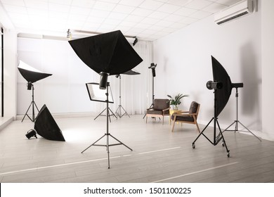 Professional photo studio equipment prepared for shooting interior