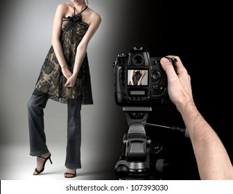 Professional Photographer At Studio Fashion Shot With A Model