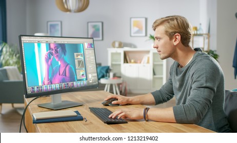 Professional Photographer Works In Photo Editing App / Software On His Personal Computer. Photo Editor Retouching Photos Of Beautiful Girl. Mock-up Software Design.