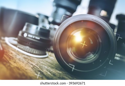 Professional Photography Equipment. Professional Photographer Work Kit. Photo Lenses. 