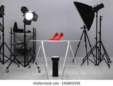 Professional photography equipment prepared for shooting stylish shoes in studio - Shutterstock ID 1456831958