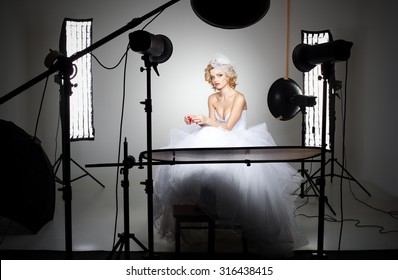 Professional Photography Studio Showing Behind The Scenes Lights On Bride Model