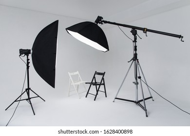 Professional photostudio interior with soft box and other photo equipment - Shutterstock ID 1628400898