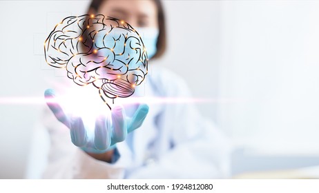 The Professional Physician Opens His Hand And Has A Brain Icon With Sparkling Light. Medical Concept Of Neurology. Modern Diagnosis Innovation And Treatment Of Diseases.