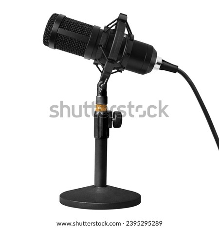 professional podcast microphone on a desktop stand on white background