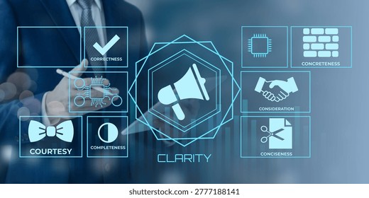 Professional presenting key principles of effective communication with clarity and precision in a business setting
