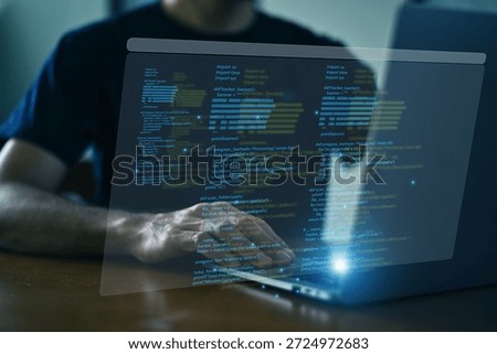 Professional programmer coding modern software using advanced digital technology in a high-tech workspace. Concept of software development, programming, coding, innovation, and digital business solutions.