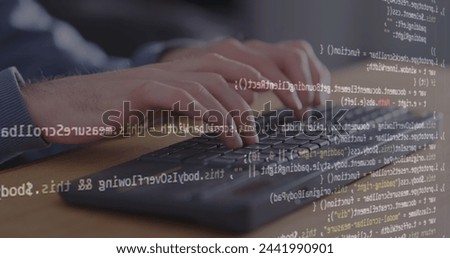 Professional programmer typing hands on keyboard, write code hologram display monitor. Unrecognizable person, concept of writing code, virus, script