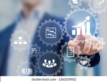 Professional Project Manager Presenting Management Skills Concept On Interface With Icons Of Planning Schedule Of Tasks And Deliverables, Budget, Team Work, Scope, Risks, Strategy, With Gears