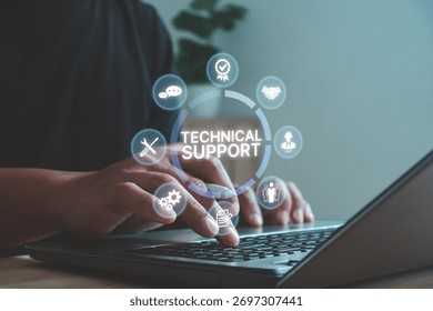 IT professional providing technical support on laptop with digital service icons. Concept of online help desk, customer service, troubleshooting and 24-7 assistance for business technology solutions.