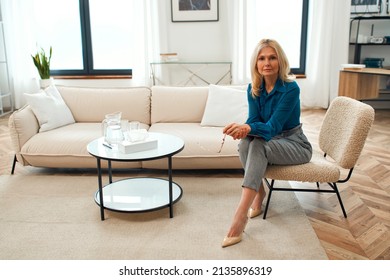 Professional Psychotherapy. Successful Elegant Psychologist Aged Woman Holding A Folder Sitting On An Armchair In The Office.