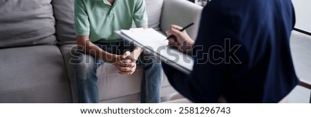 Professional psychotherapy Taking Note During Appointment Patient discussing mental health issues with psychologist mental health