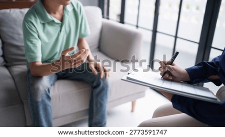 Professional psychotherapy Taking Note During Appointment Patient discussing mental health issues with psychologist mental health