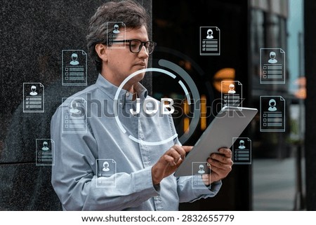 Professional recruiter using a tablet with floating candidate profiles and job icons, photographic overlay on an office background, hiring concept
