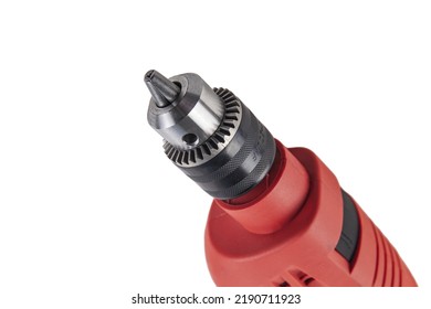 Professional Red Electric Drill Isolated On A White Background Close-up