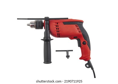 Professional Red Electric Drill Isolated On A White Background Top View