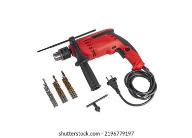 Professional Red Electric Drill Isolated On A White Background Close-up