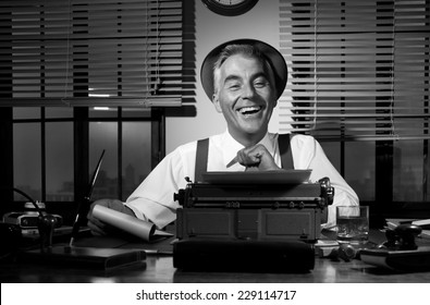 Professional Reporter At Work Writing Down Notes, 1950s Style Office.