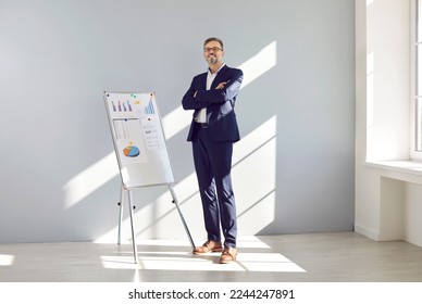 Professional sales manager standing in front of an office whiteboard at work. Full body length happy confident mature business man in a suit and glasses standing by a white board with sales figures