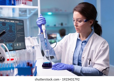 Professional scientist taking sample for medical experiment. Chemist researcher working in laboratory with micropipette to discover vaccine against coronavirus.