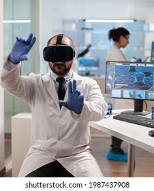 Professional Scientist Using Medical Inovation In Lab Wearing Virtual Reality Glasses. Team Of Researchers Working With Equipment Device, Future, Medicine, Healthcare, Professional, Vision, Simulator.