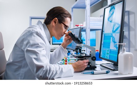 Professional scientist is working on a vaccine in a modern scientific research laboratory. Genetic engineer workplace. Future technology and science.