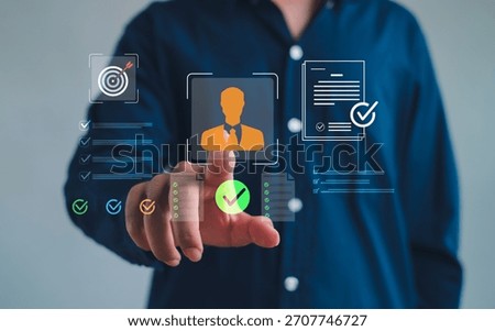 professional selecting candidate through a digital interface with checklists, documents, and approval icons, representing recruitment, HR evaluation, employee screening, and modern hiring technology.