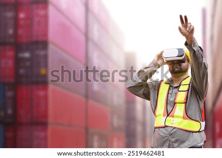 Professional - senior container shipyard is using VR or Virtual Reality goggles to inspect the imported cargo. Using Augmented Reality or AR technology integrated with business.