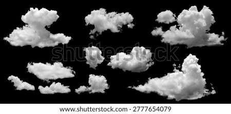 Professional set of white fluffy clouds isolated on black background. High detail cumulus clouds pack for digital composition, sky replacement, and creative matte painting design projects.
