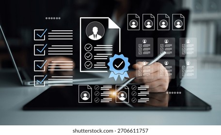 A professional setting showcasing a digital workspace with recruitment documents and candidate profiles, emphasizing the job evaluation process and modern technology use. Gantry