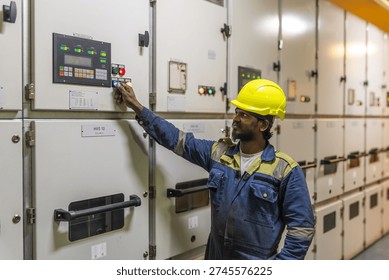 Professional ship engineer working below deck in the mechanical heart of a cargo vessel.