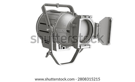 Professional silver stage spotlight with adjustable barn doors and mounting yoke