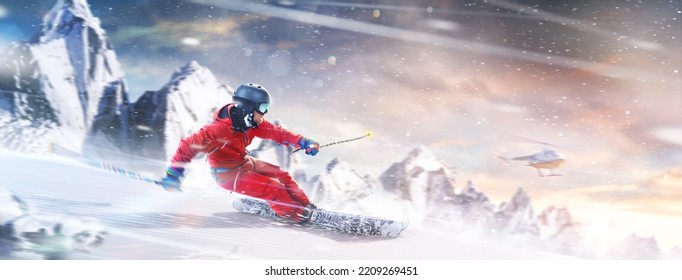 Professional Skiing In Action. Heli Skiing. Motion Of The Skiing Downhill In The Mountains. Sportsman In A Red Ski Suit. Flying Helicopter. Side View. Speed