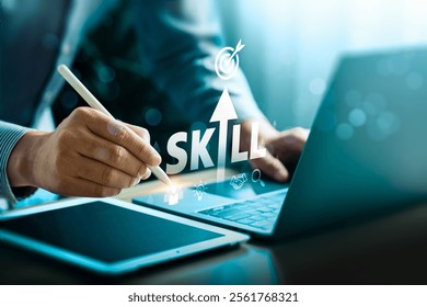 Professional Skill Development Concept with Digital Tools, with emotional intelligence, creativity, collaboration, adaptability, decision making and analytical thinking, Growth and Target Achievement