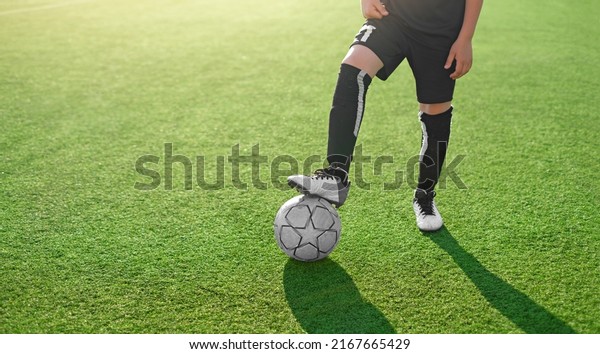 Professional sneakers are multi-studded cleats for\
playing soccer. A young footballer in a sports uniform with a ball\
on the soccer field with green artificial grass. banner with copy\
space