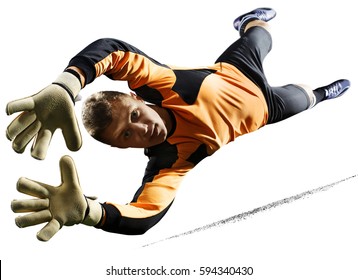 Professional Soccer Goalkeeper In Action On White Background