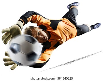 Professional Soccer Goalkeeper In Action On White Background