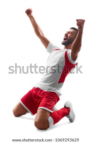 Professional soccer player celebrate victory. Soccer celebration. Isolated on white background