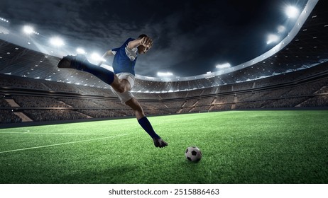 Professional soccer player, forward in yellow and black kit prepares to score, his form silhouetted against golden glow of stadium lights. Concept of sport games, competition, world cup. - Powered by Shutterstock