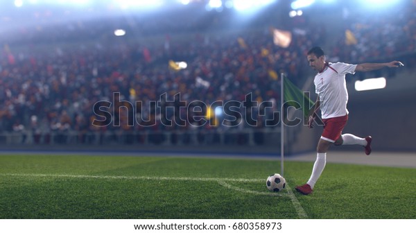 Professional soccer player performs corner\
kick on professional outdoor soccer stadium. He wears unbranded\
soccer uniform. Stadium and crowd are made in\
3D.