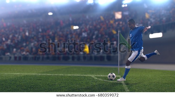 Professional soccer player performs corner\
kick on professional outdoor soccer stadium. He wears unbranded\
soccer uniform. Stadium and crowd are made in\
3D.