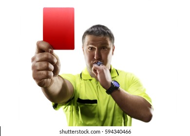 Professional Soccer Referee Giving The Red Card Isolated