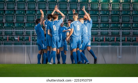 Professional Soccer Team Training, Tactical Coaching: Football Coach Explains Strategy, Tactics, Workout Plan to Players. Trainer High Five Athletes, Tournament Beginning. - Powered by Shutterstock