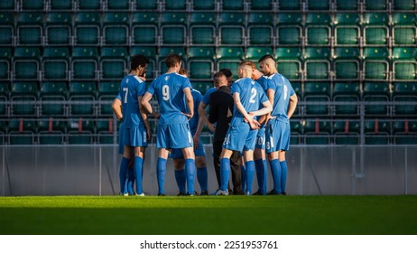 Professional Soccer Team Training, Tactical Coaching: Football Coach Explains Strategy, Tactics, Workout Plan to Players. Trainer Motivates Athletes, Leads to Victory, Preparing For Tournament - Powered by Shutterstock