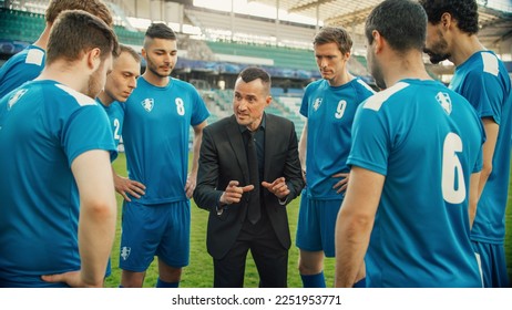 Professional Soccer Team Training, Tactical Coaching: Football Coach Explains Game Strategy, Develop Workout Plan Trainer Motivates Athletes, Leads to Victory, Preparing For Championship.
