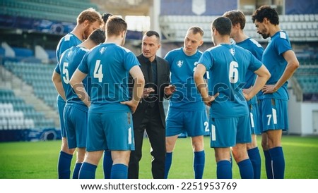 Professional Soccer Team Training, Tactical Coaching: Football Coach Explains Game Strategy, Tactics, Workout Plan to Players. Trainer Motivates Athletes, Leads to Victory, Preparing For Match