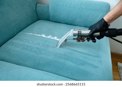 Professional sofa cleaning using modern equipment. Deep stain removal and fabric care for upholstery. Home cleaning services, hygiene promotions, and furniture care advertisements.