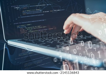 Professional software engineer, developer programmer programming in website working on laptop computer, coding software technology, writing codes and database, javascript on virtual screen